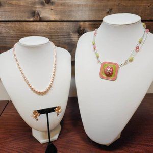 Vintage faux pearls necklace and Enamel necklace with earrings
